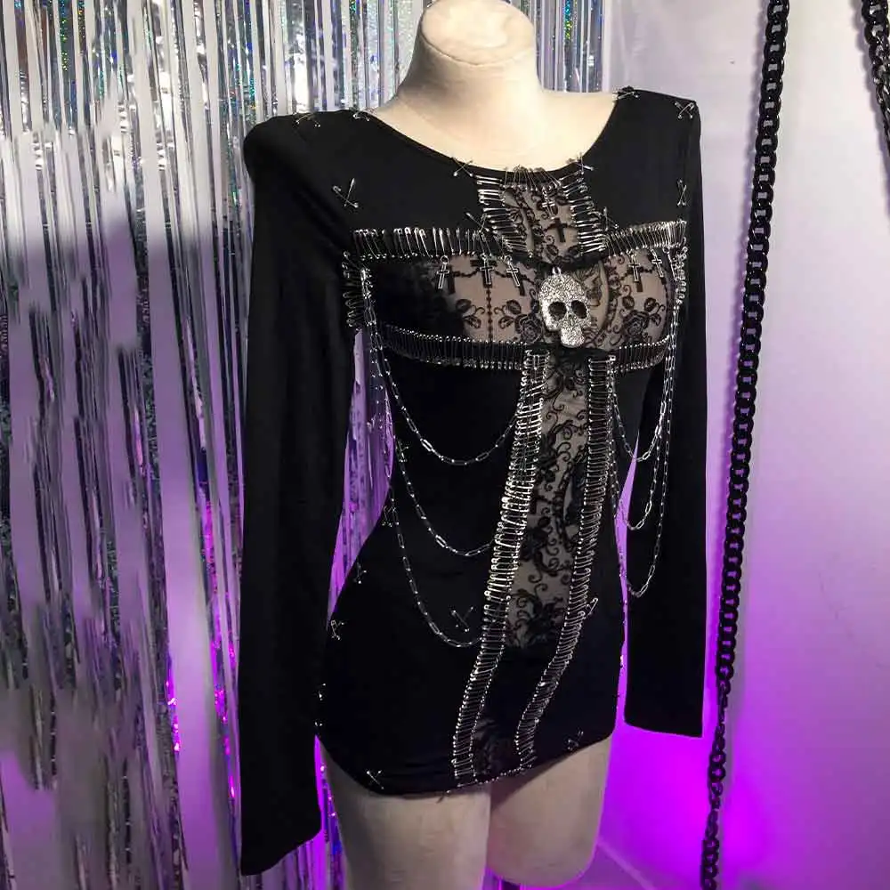 

Gothic T-Shirt E-Girls Punk Rock Grunge Harajuku Vintage DIY Teen Pin Eco Trendy 90s Emo Kawaii Cross Y2K TOPS Goth Hand Made