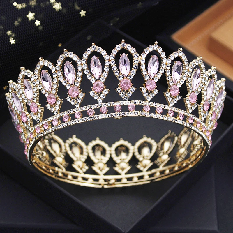 Pink Colors Royal Queen Wedding Crown for Bride Tiaras Bridal Diadem Round Princess Circle Hair Jewelry Accessories