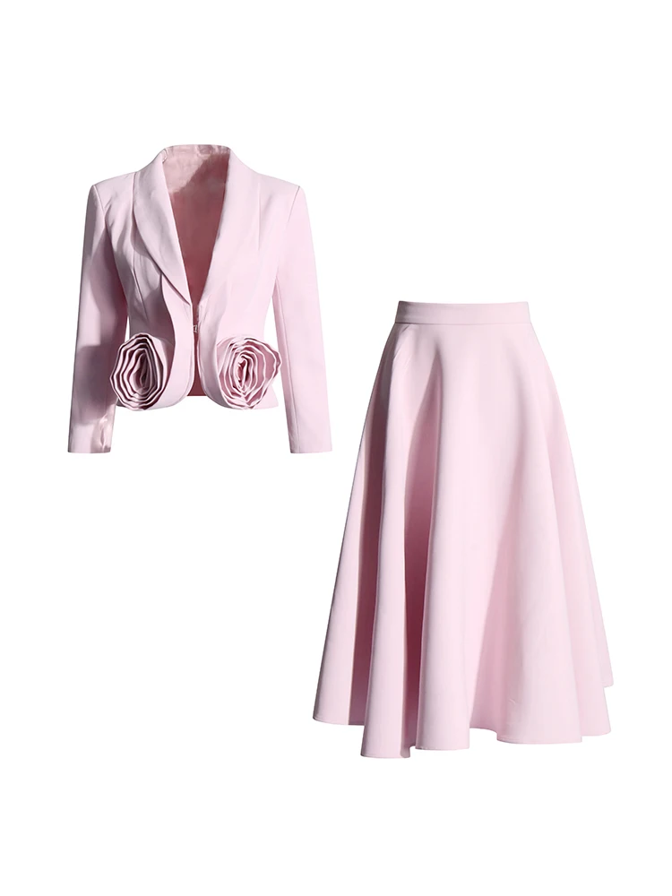 Formal Spliced Appliques Two Piece Set For Women V Neck Long Sleeve Top High Waist Midi Skirt Chic Sets Female Spring Clothing