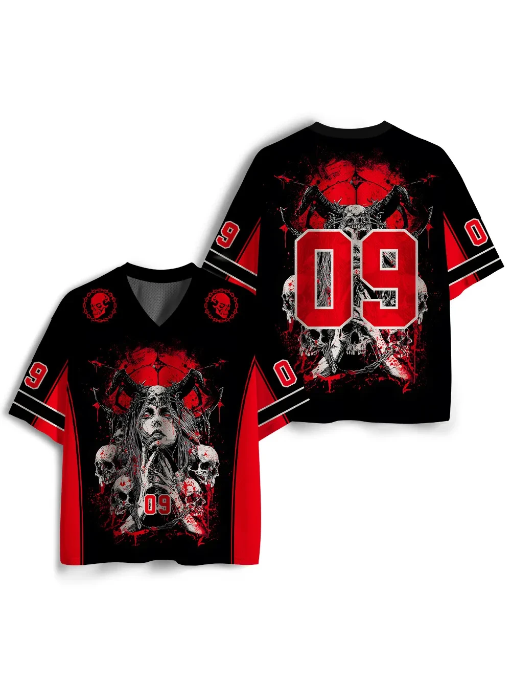 Camiseta de Arte Oscuro Heavy Metal – Estampado de Dama Demonio Misteriosa y Calavera Sangrienta, Manga Corta con Cuello en V; Top Gótico Y2K para Fiesta y Ropa Urbana