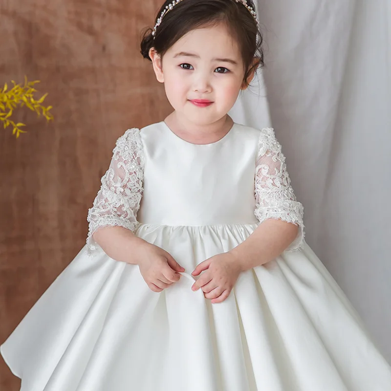 Weißes Blumenmädchenkleid aus Satin für Kleinkinder und Kinder für Hochzeit, erster Geburtstag, Zeremonie, Party, Prinzessin, Kommunion, Ballkleid für Mädchen im Alter von 1–14 Jahren – Detail 14