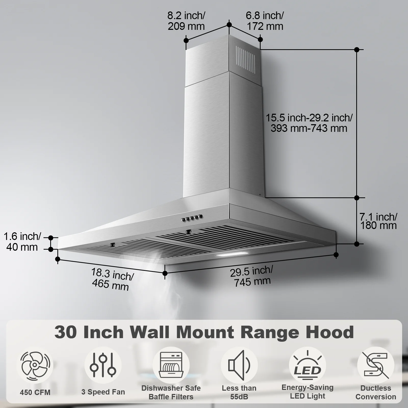30 Inch Wall Mount Range Hood 450 CFM Stainless Steel 3 Speed LED Lighting Ducted/Ductless Kitchen Extractor Campana Cocina