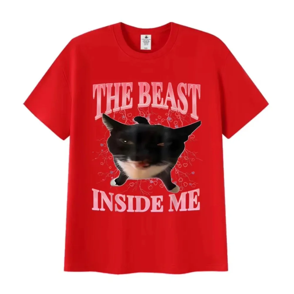 الوحش داخلي مضحك القط ميمي تي شيرت للرجل امرأة الصيف Harajuku تي شيرت تقليدي للجنسين عادية المتضخم تي شيرتات قطن