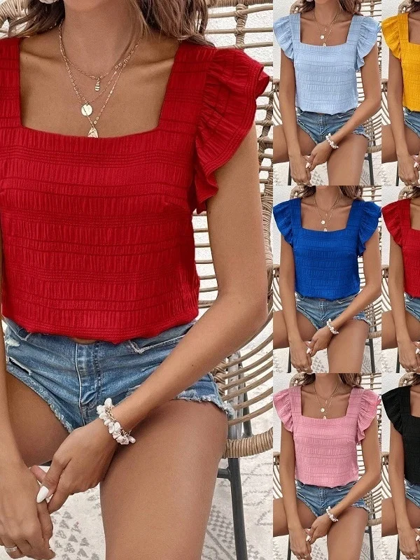 

French Sle Loose Fit Pure Color Ruffled ort Sve Square Collar Women's irt with Lace Hemline Summer Thin Polyester