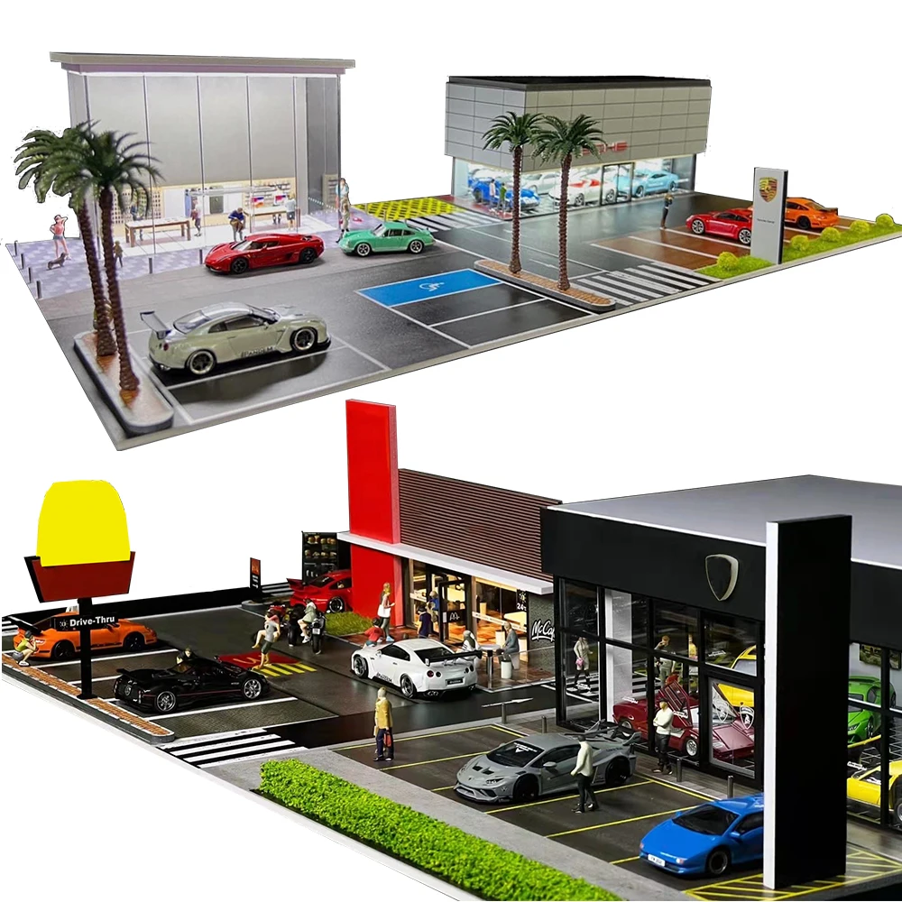 GFANS 1:64 Scale Garage LED lights Diorama Star Coffee Shop Diecast Model Car Parking Models Garage assembly scene