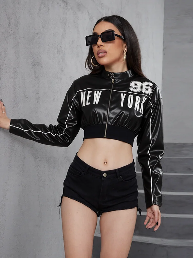 

Sisterlinda женская куртка из искусственной кожи, униформа в стиле пэчворк с буквенным принтом, хипстерская пуговица на молнии, трендовое спортивное уличное университетское повседневное осеннее укороченное пальто