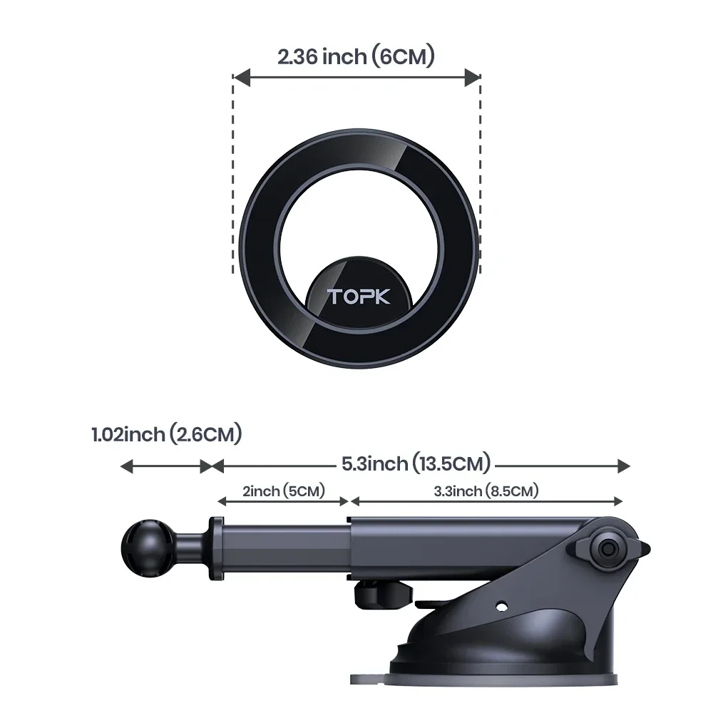 TOPK D52X Magnetic Car Mount, Mag-Safe Design, Easy Installation for Dashboard/Windshield, Fits iPhone 12/13/14/15/16