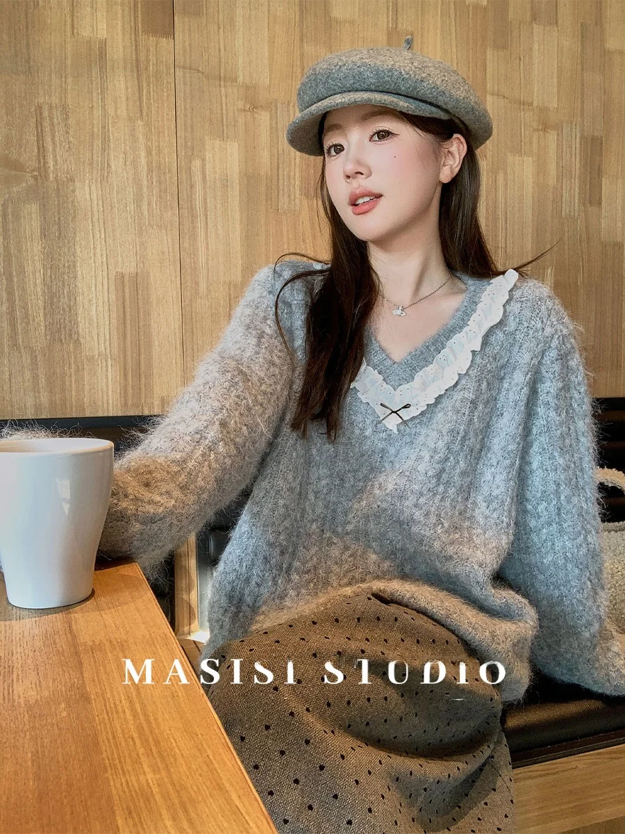 

Женский свитер больших размеров с V-образным вырезом и кружевной отделкой, зимний топ, удобный крой, длинный рукав, круглый вырез, стильный дизайн