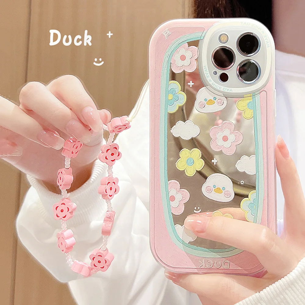 Mirror Cute Cartoon Duck Flower Bracelet Chain Phone Case For iPhone 16 15 13 11 12 14 Pro Max XR XS X 7 8 Plus Shockproof Cover