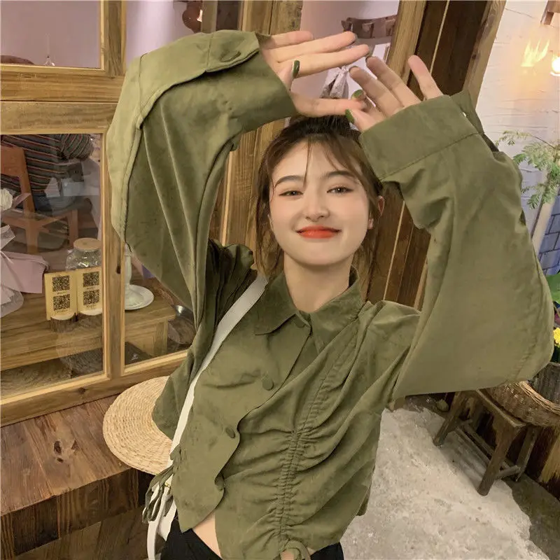 Loose Casual Short Drawstring Blouse Spring Autumn Polo Neck Long Sleeve Solid Trend Shirt Tops Vintage Fashion Women Clothing