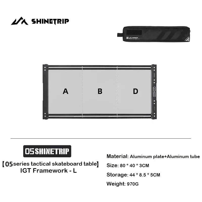 ShineTrip Tactical System Campingtisch für den Außenbereich, 05 Aluminium-Skateboard-Tisch, erweiterbar, vielfältig, tragbar, zusammenklappbar, Aufbewahrung 8