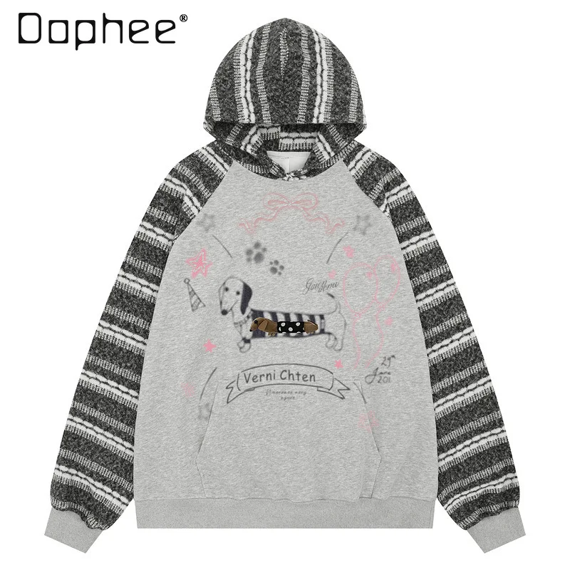 

Spring and Autumn New Loose Casual White Hooded Sweatshirt Men’s Striped Patchwork Cute Cartoon Print Gray Top