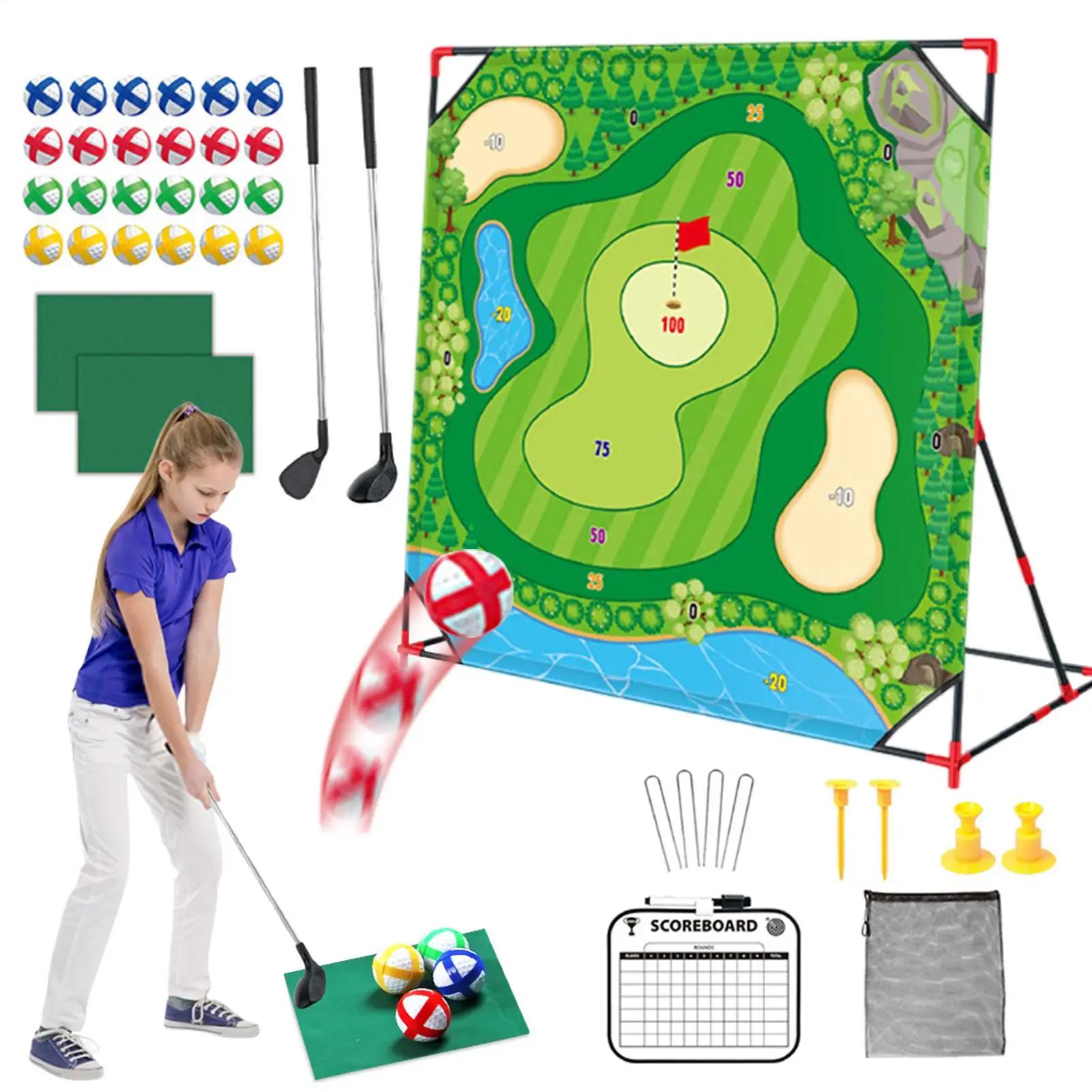 Kids Golf Chipping Game Mat Set Golf Play Mat / Club Set Outdoor Stick Chip Golf Game Set Dart Target Mat Golf Club Sticky Ball