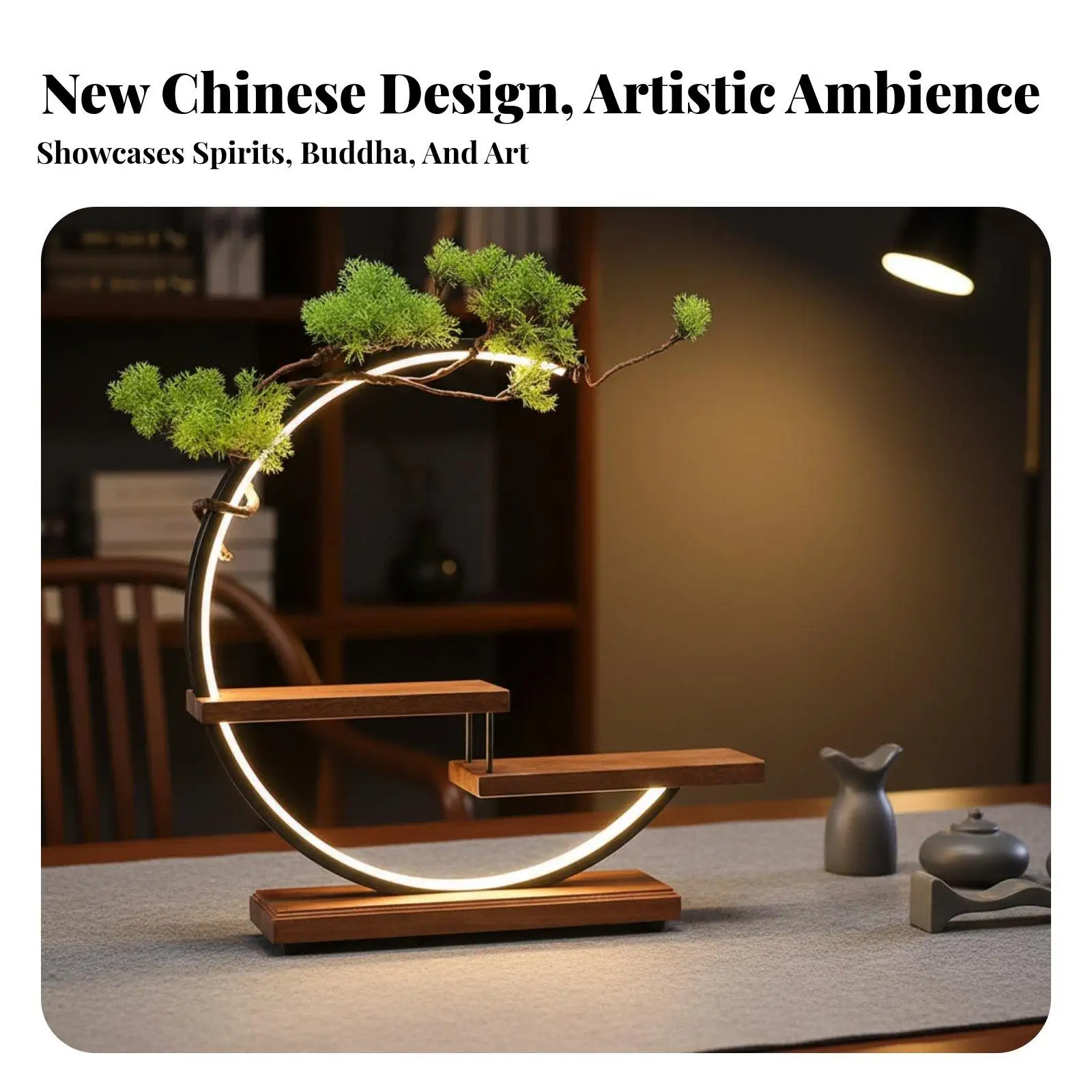 Industrial Stand for Home Office Decor with Builtin LED Circular Light and Artificial Plant Display Shelf