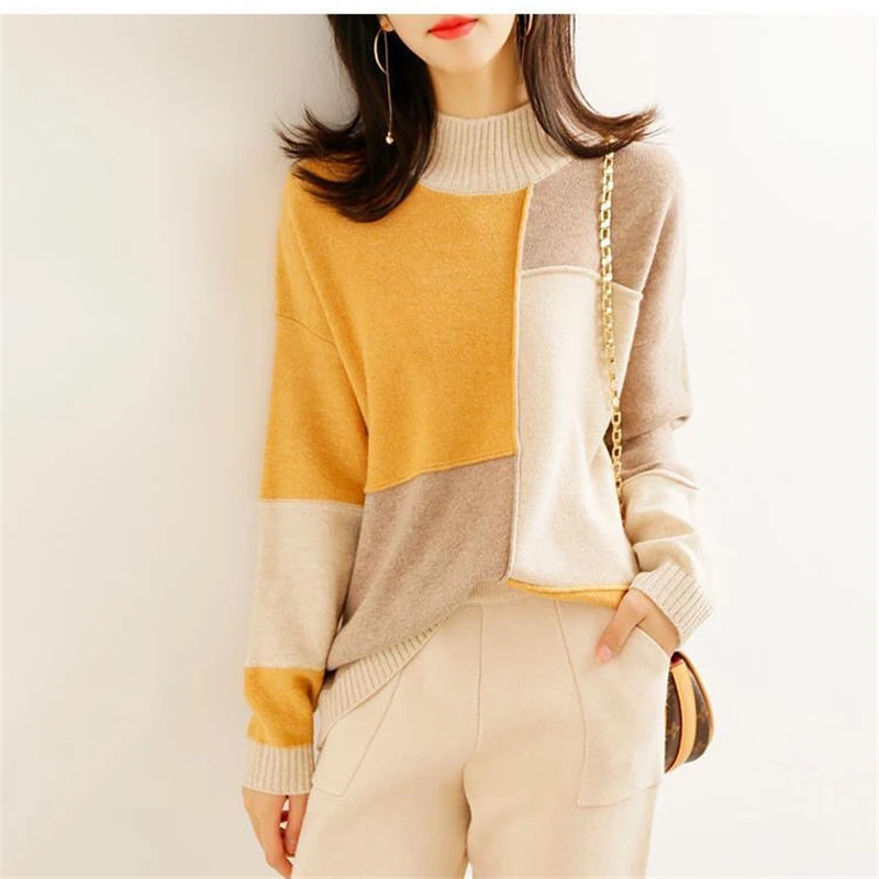 Women\'s Clothing Autumn Winter Casual Streetwear Color Block Knitted Sweater Korean Half High Collar Long Sleeve Pullover Tops