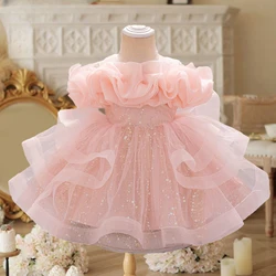 Puffy Pink Flower Baby Wedding Princess Girl Dress Toddler Tulle Baptism Kids Clothes Bridesmaid 1st Birthday Party Prom Costume
