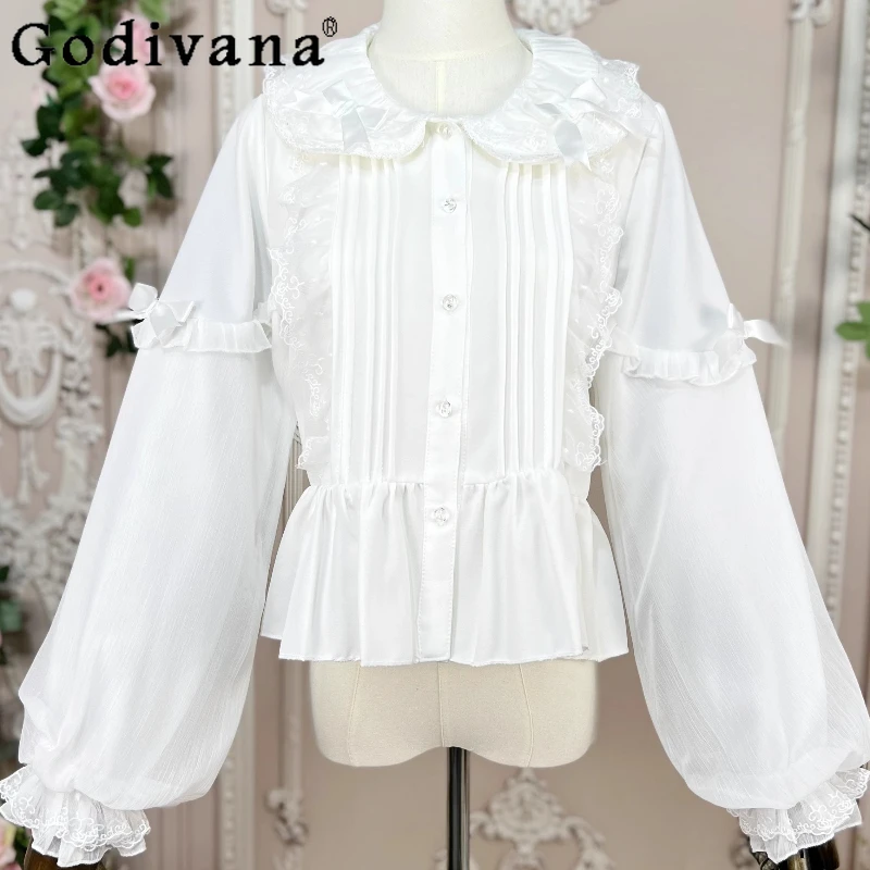 

Sweet Lolita Long Sleeve Peter Pan Collar Solid Color Slim Chiffon Blouse Summer New Lantern Sleeve Cute Bow Lace Splicing Top