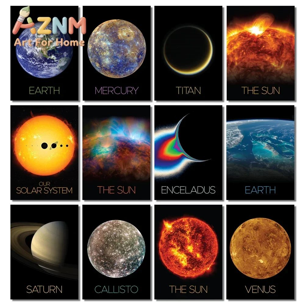 AZNM Solar System Planet Canvas Wall Art Sun Earth Saturn Venus Space Universe Science Print Unframed Canvas Poster for Boys Roo