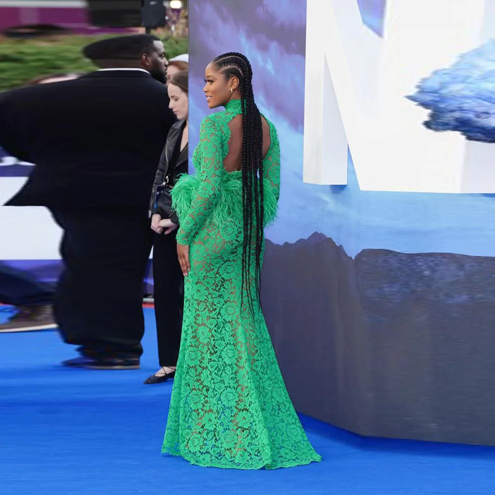 Robe de Soirée Transparente en Dentelle Verte pour Fille Noire, Tenue de Bal Africaine à Col Haut, Manches sulf, Plume, Peplum