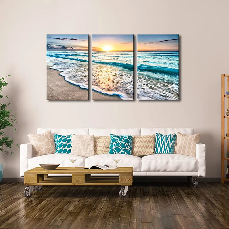 3 Piece Diamond Paintings for Living Room Home Office Decorations Blue Beach Sunrise White Wave Diamond Mosaic Seascape Scenery