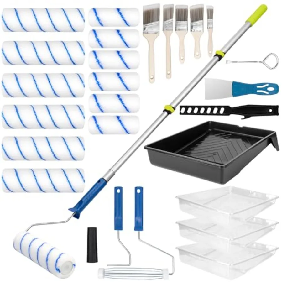 

【Spot goods】28 PCS Paint Roller Kit with Extension Pole 4" 9" Paint Roller with Tray Paint Brushes Set for Professional Paintin