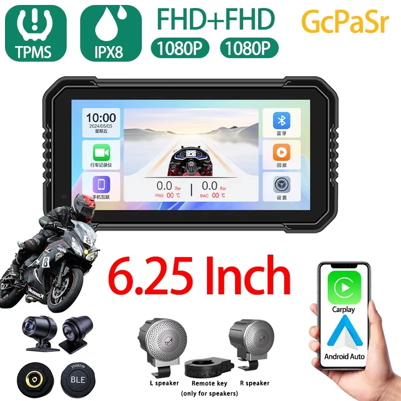 6.25 inch Motorcycle Carplay Water Proof WiFi Wireless Android-Auto DVR Monitor Dash Camera GPS Navigation TPMS Bluetooth