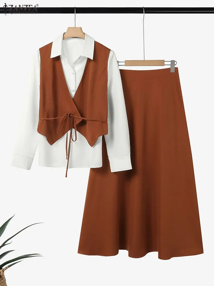 ZANZEA Women Autumn 2 Piece Outfits Long Sleeve Patchwork Shirts and Long Skirts Fashion Dress Sets 2025 Elegant Office OL 2pcs