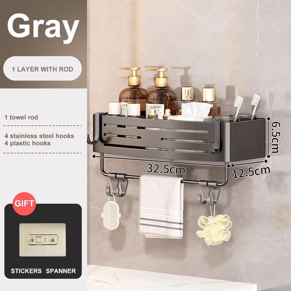 1-2PCS Badkamer Hoekplank met Plastic Haak Handdoekstang Geen Boorruimte Aluminium Douche Opbergrek Badkamer Organizer