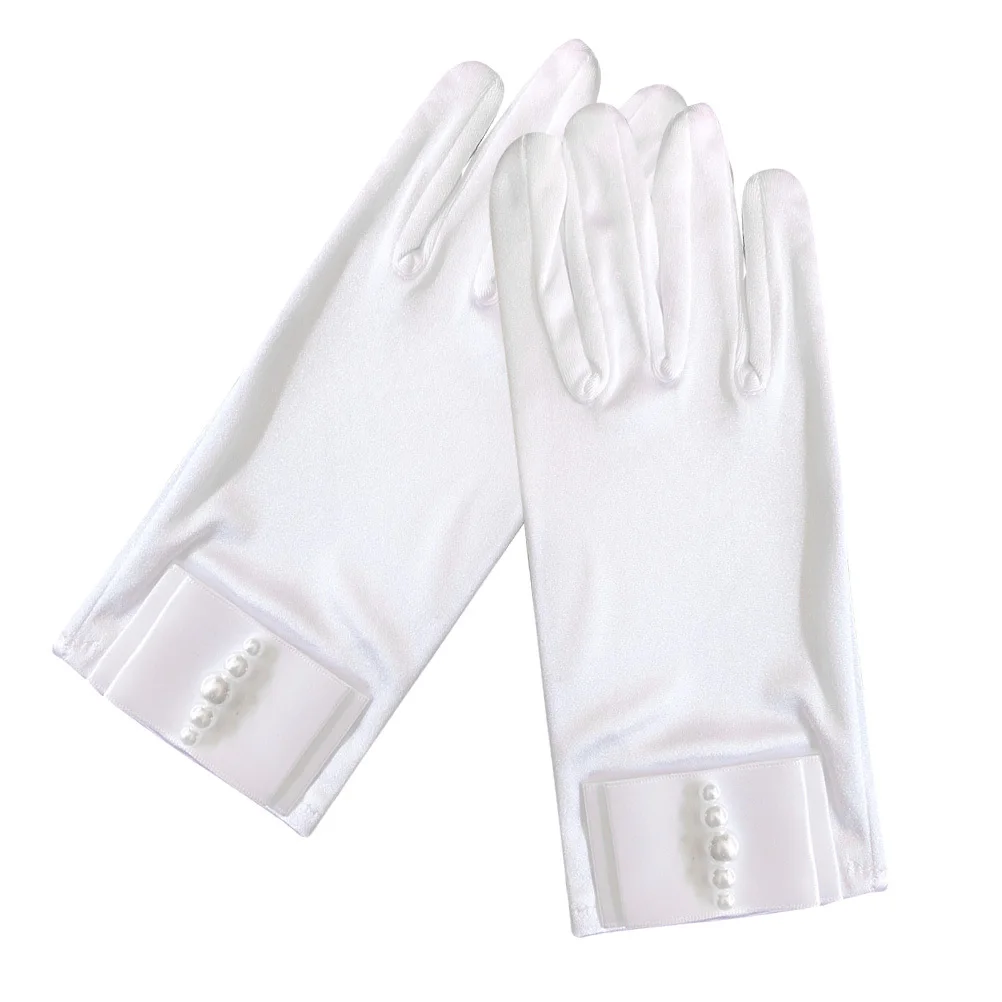 

1 Pair White Satin Bowknot Gloves With Pearl Wedding Party Bridal Women Fashion Elastic Comfortable For Prom Costume Event