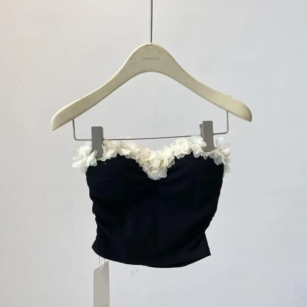 

Socialite Style 3D Flower Camisole Slim Fit Tanks Sleeveless Korean Style Corset Wrap The Chest No Straps Crop Tops