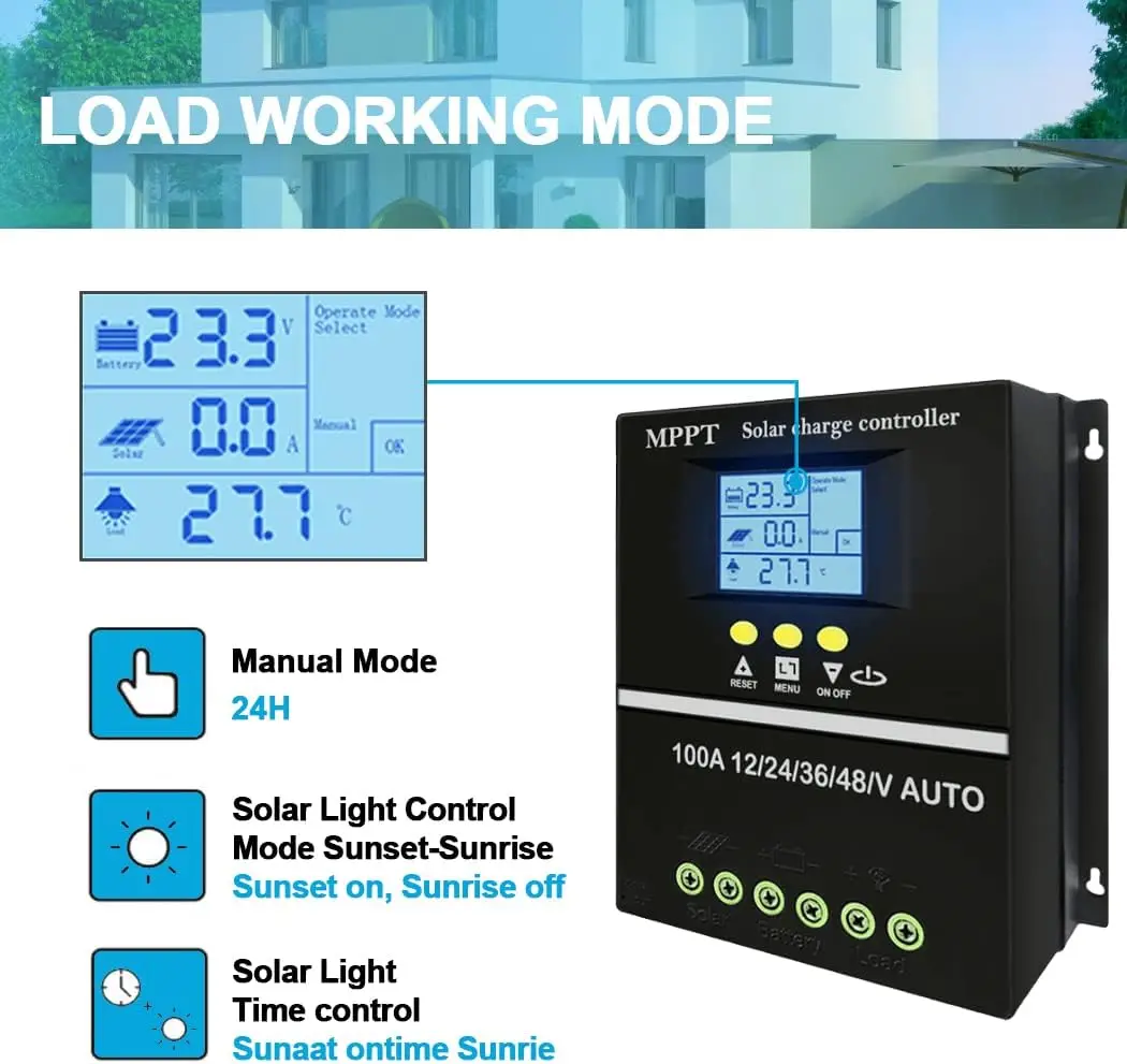 Imagem -05 - Controlador de Carga Solar Mppt com Display Lcd Regulador Solar para Sistema de Iluminação 100a 80a 60a 36v 48v 24v 12v para Sistema Solar