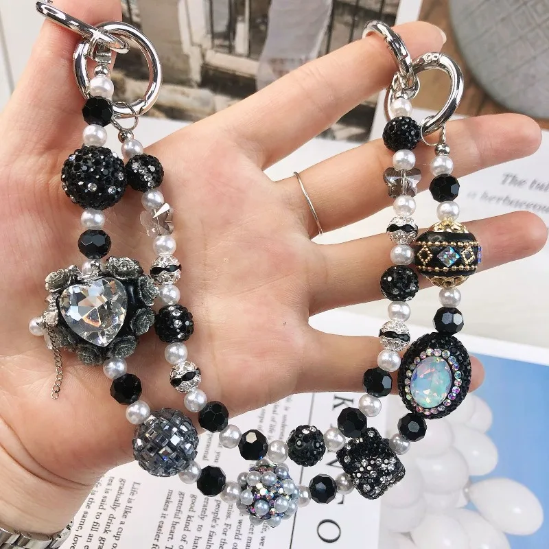 Y2K Coquette Butterfly Beaded Keyring Rhinestone Pearl Bag Charm Handmade Phone Chain Pendant For Girls Women