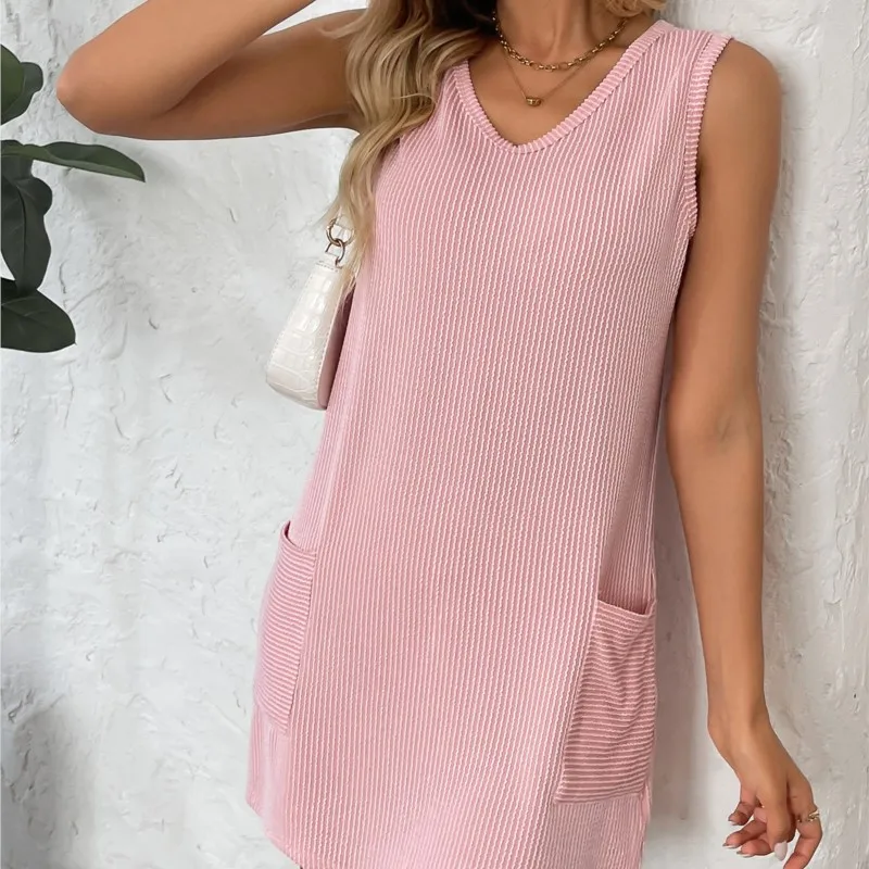 

2026 vestidos para mujer Suspender sleeveless solid color pocket summer resort style beach skirt women's new pullover vest dress