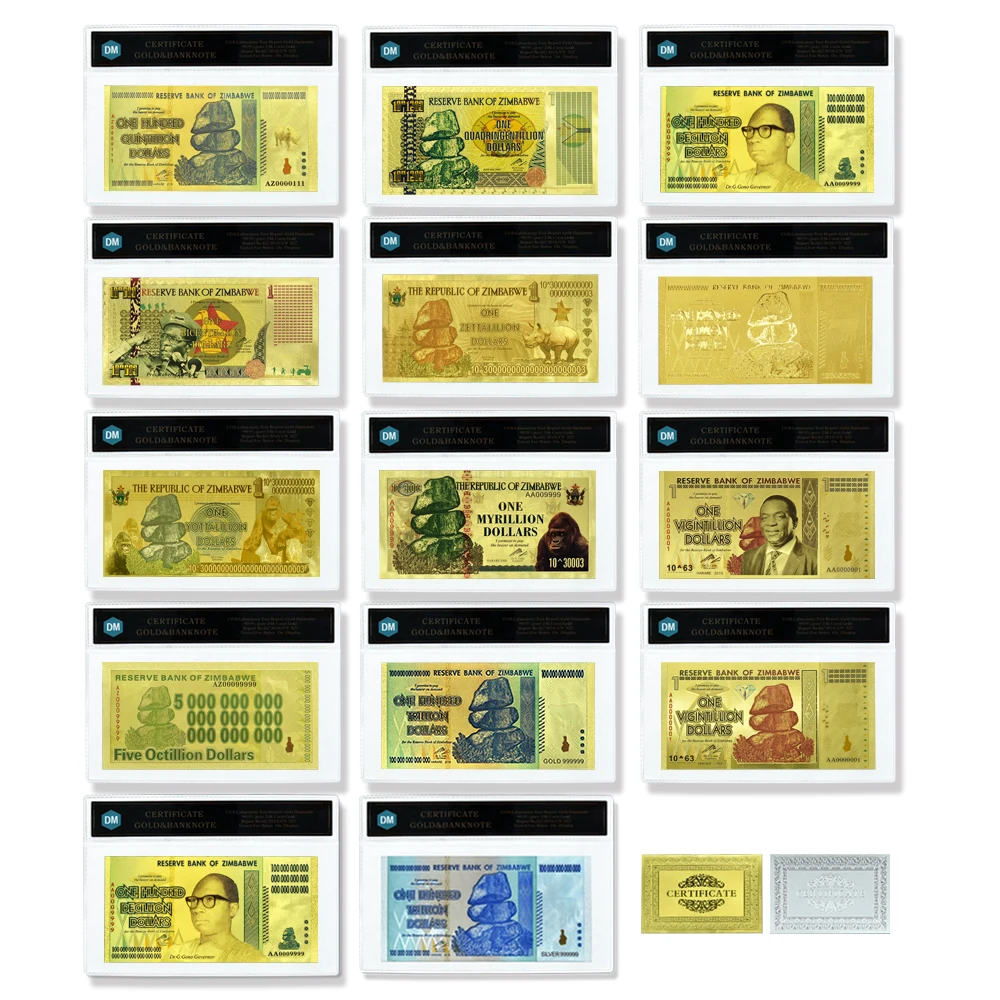 14 Style Zimbabwe Gold Foil Banknote Holder Set Fake Money Gold Plated Collection Commemorative Business Gift