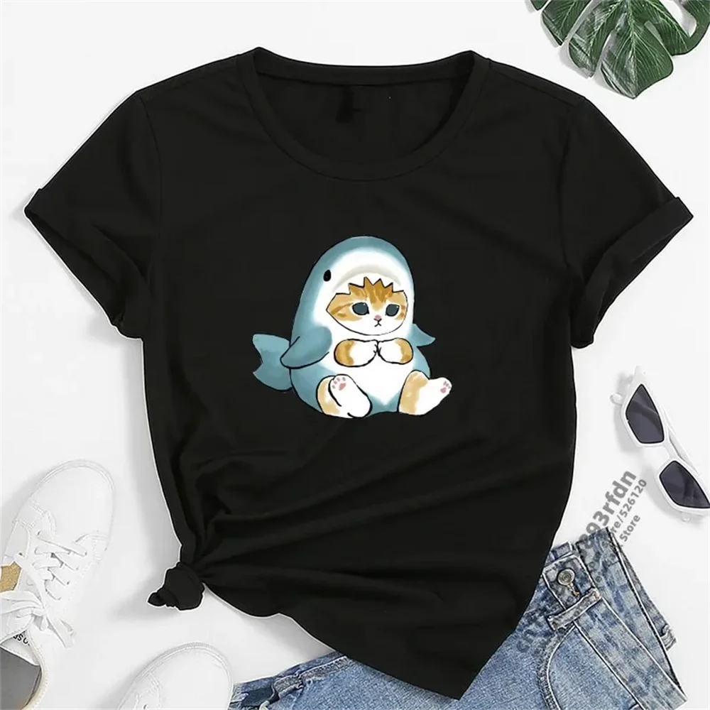 Women T-shirt Cute Shark Cat Funny Cartoon T-shirt Harajuku Graphic Ulzzang T-shirt 90s Print T-shirt Fashion Aesthetic Top Tee