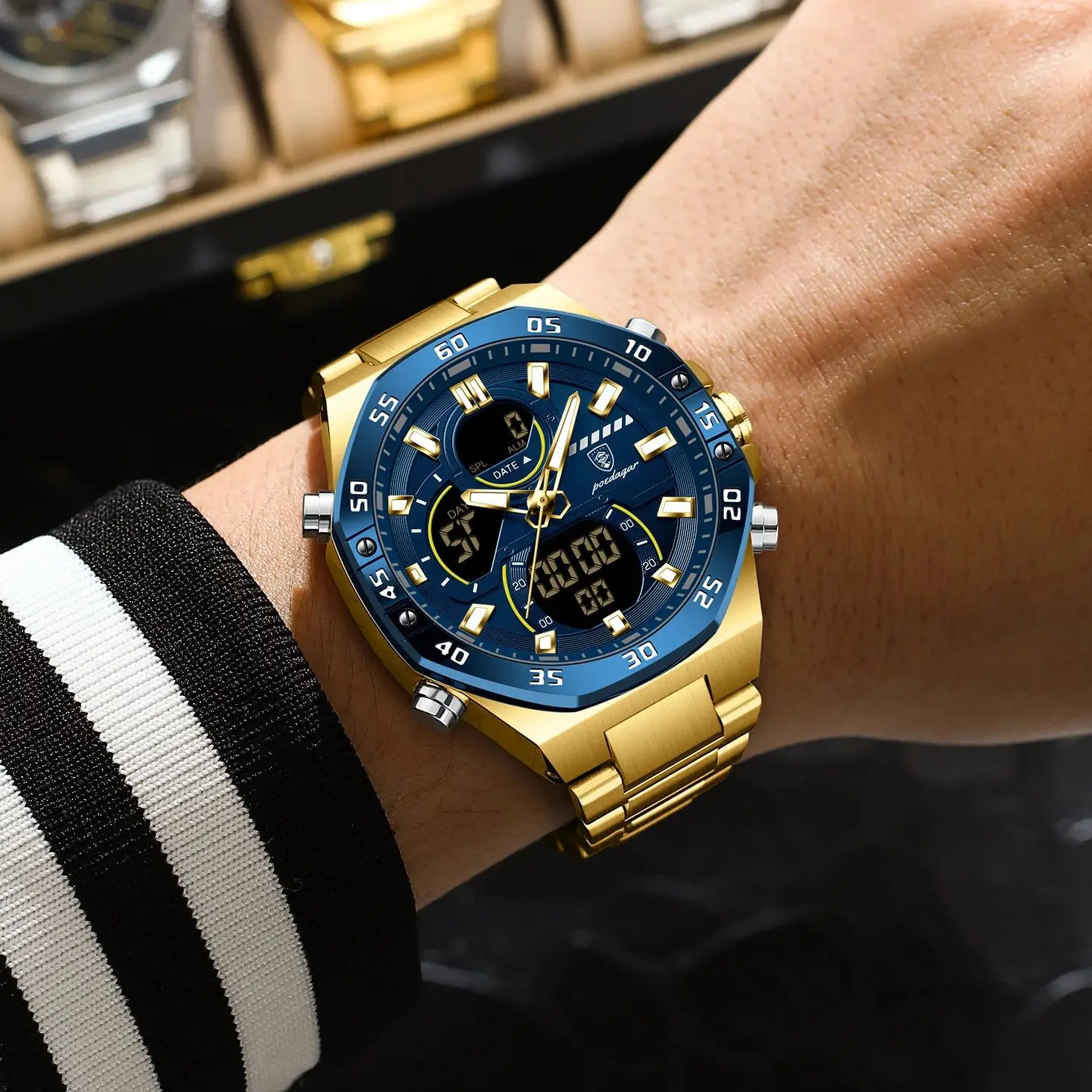 POEDAGAR Top Original Men นาฬิกา LED Luminous กันน้ําวันที่ Man นาฬิกาข้อมืออิเล็กทรอนิกส์สแตนเลสสตีลควอตซ์นาฬิกาผู้ชาย