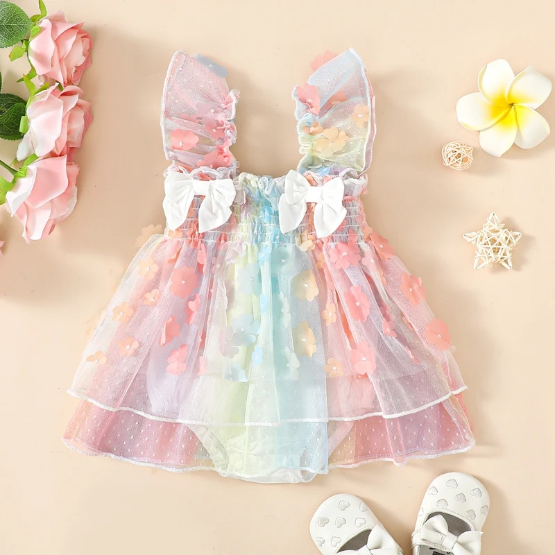 

BULINGNA Infant Baby Girl Summer Tutu Romper Dress Flying Sleeve 3D Flower Dress Princess Birthday Sundress with Bowknot