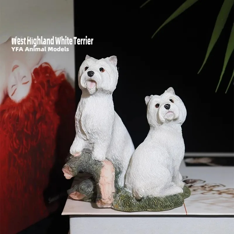 Yfa resina dois west highland terrier estátua adorável cão branco figuras de ação realista carro ornamento mesa modelo animal estimação