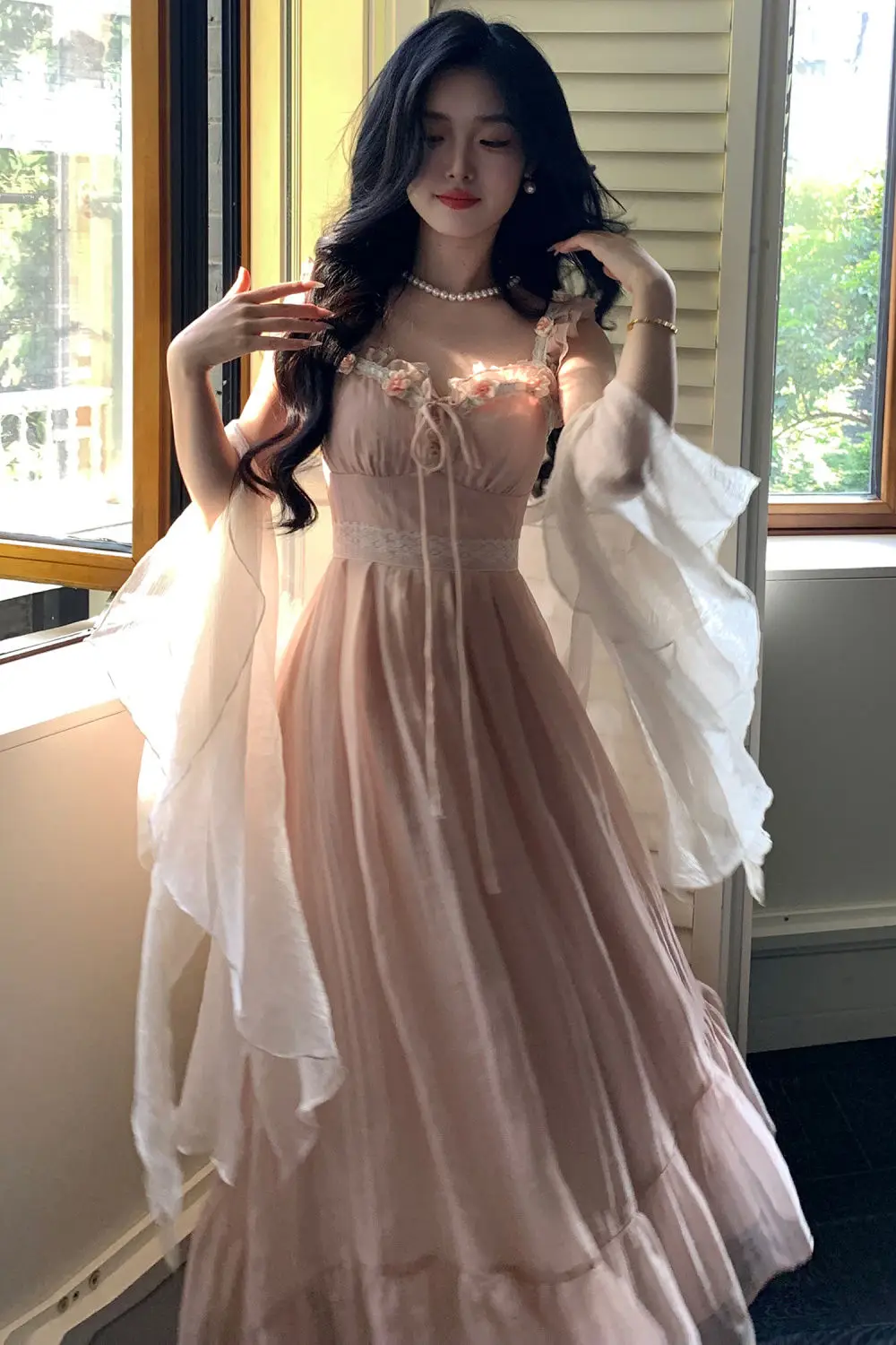 Sling Dress Lace Flowers Lace Chiffon Rose Powder Temperament Sweet Beauty Romantic Fairy Long Skirt Large Size 2024 Summer