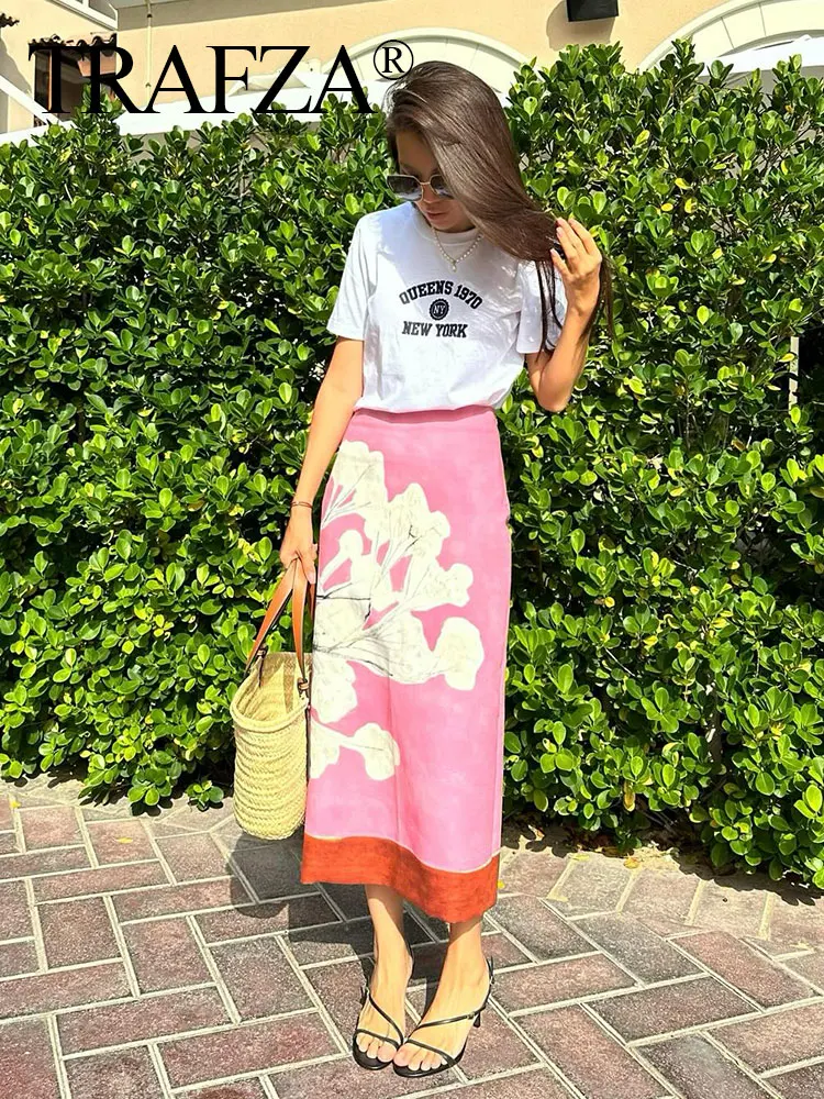 TRAFZA 2024 New Women Suit Pink Off Shoulder Sexy Short Pleated Pullover Top + Chic Rear Split Wild Female Midi Skirt Streetwear