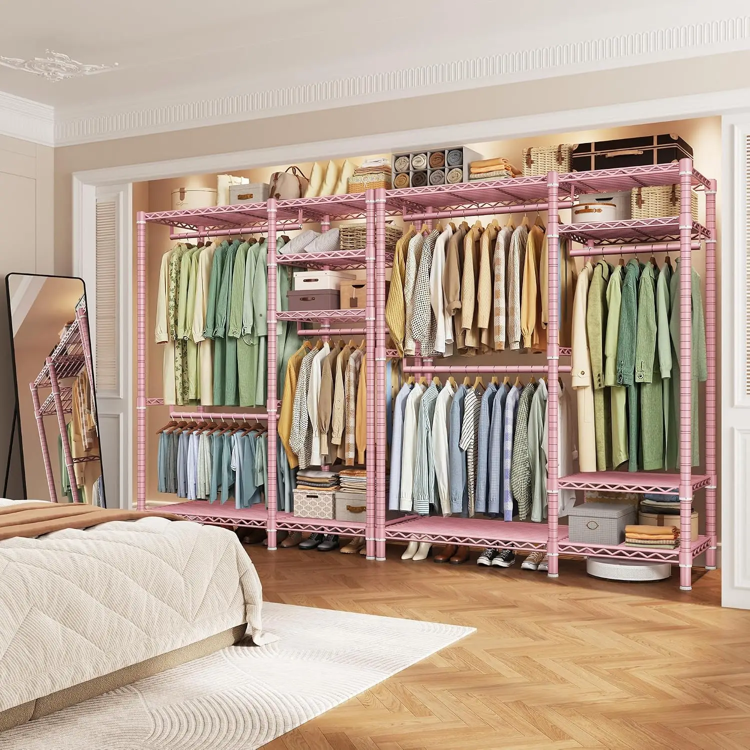 Heavy Duty Clothes Rack Freestanding Wardrobe 3 Rods 6 Shelves Adjustable Organizer, Customized