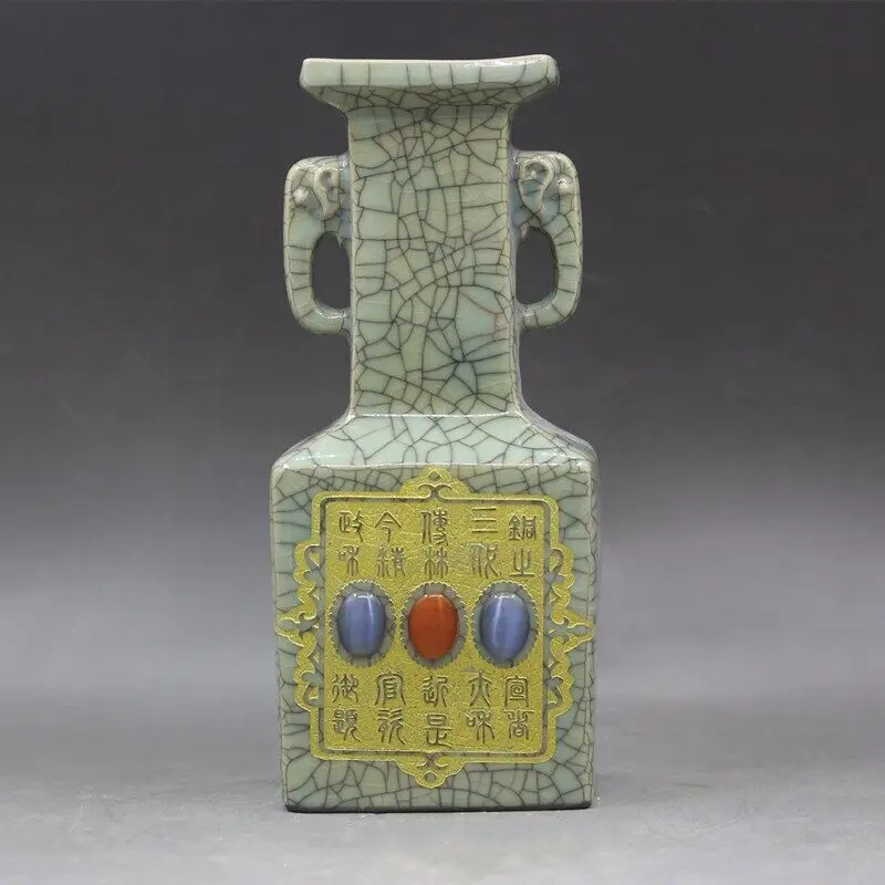 

8.9" Chinese Porcelain Ge Kiln Hacking Gild Inlay Gem Elephant Ear Vase