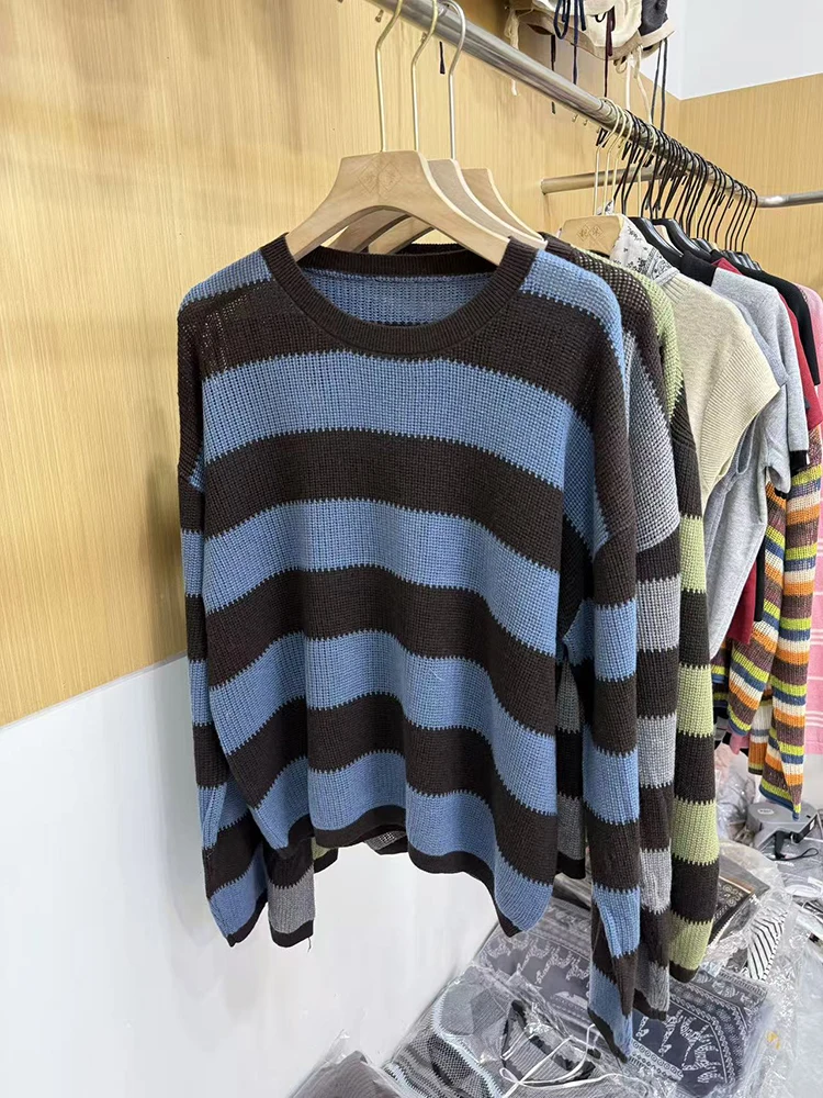 WHTREND Sweter damski w paski z dzianiny, okrągły dekolt, długie rękawy, blok kolorów, luźny, elegancki pulower, modny, jesień-zima, nowy WH1622