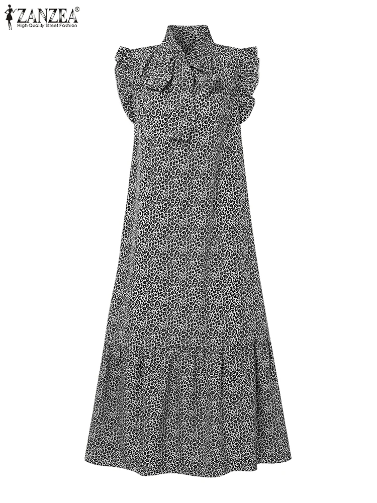 ZANZEA-Vestido largo con estampado de leopardo para mujer, vestido sin mangas para fiesta, sin mangas, con cordones, cuello en V, vestido veraniego informal holgado