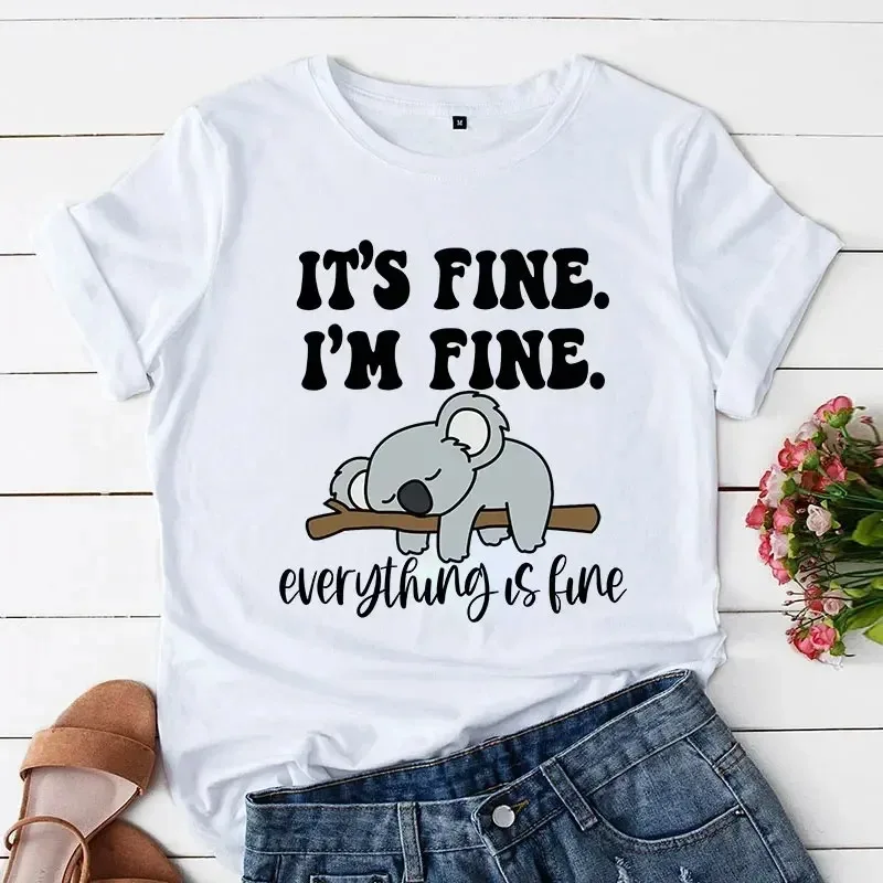 

Women's T-shirt "It's Fine I'm Fine Everything Is Fine" Cartoon Women Clothing T-shirt Koala Print Tops Casual Short-sleeve Tops