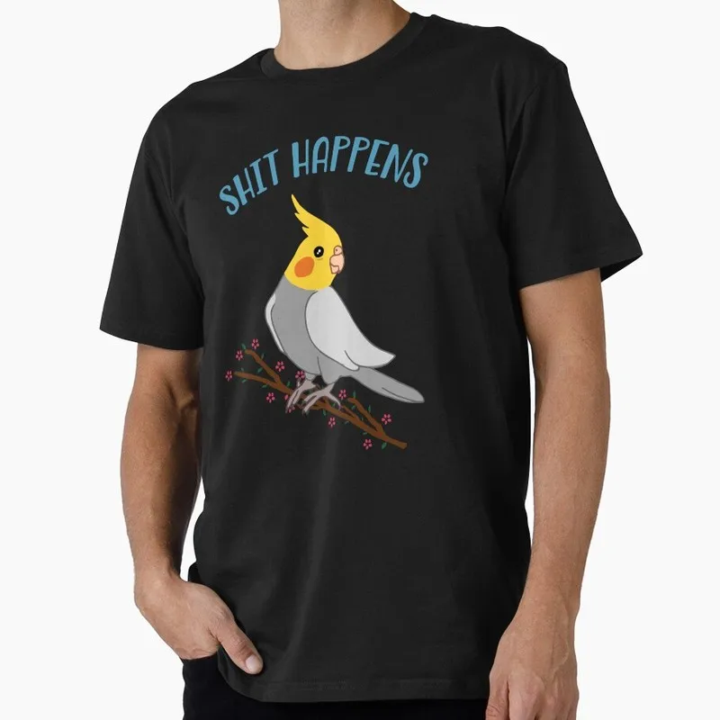 shit happens - cockatiel doodle Funny Parrot Gift T-shirt for Birds Lover Short Sleeve Graphic Clothes All Size Tops Unisex Tee