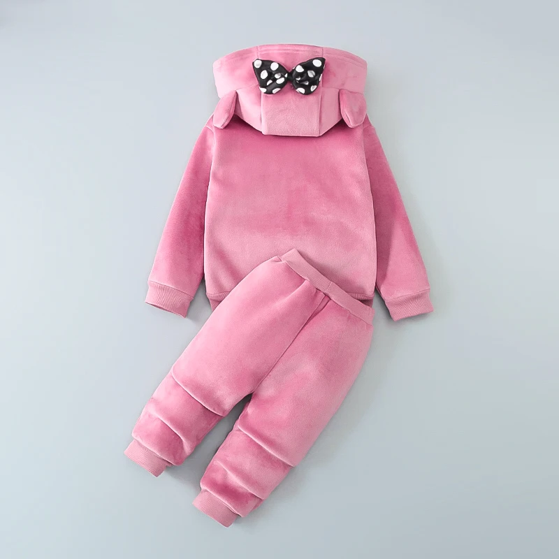 Little Girls 2Pcs Velvet Tracksuit Bow Ear Hooded Zip Up Jacket Letter Embroidery Elastic Jogger Pants Warm Winter Outfit Set