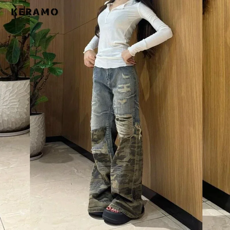 2024 Winter Sexy Vintage Ripped Camouflage Jeans Y2K Hollow Out Wide Leg Trashy Pants Women's Harajuku Loose Fit Denim Trouser