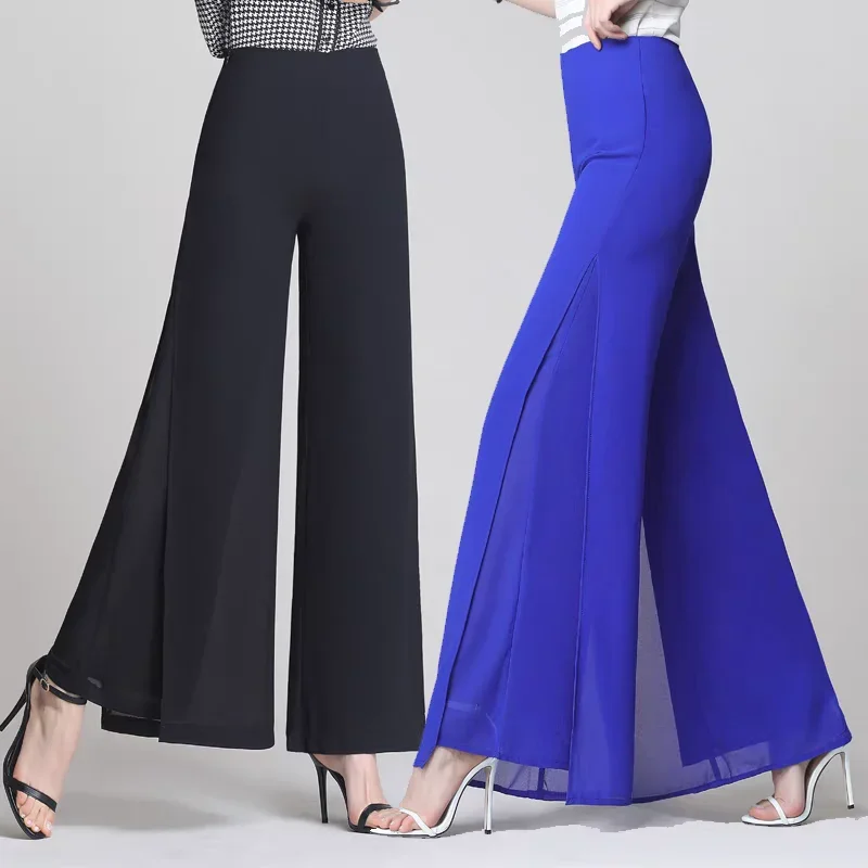 Pantalones de pierna ancha de gasa de doble capa, pantalones finos con abertura lateral para mujer, pantalones informales de cintura alta para primavera y verano 2024