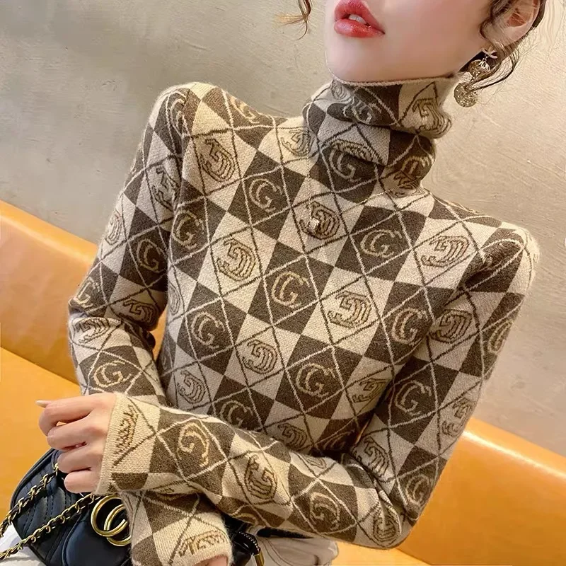 Women Clothing Letter Jacquard Knitwear Vintage Chic Slim Comfortable Elasticity Wool Sweaters Winter Y2k Commute Warm Tops